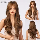 Большой волнистый синтетический парик с челкой henmargu, Длинные темно-коричневые парики для чернокожих женщин, афро косплей, высокотемпературное волокно