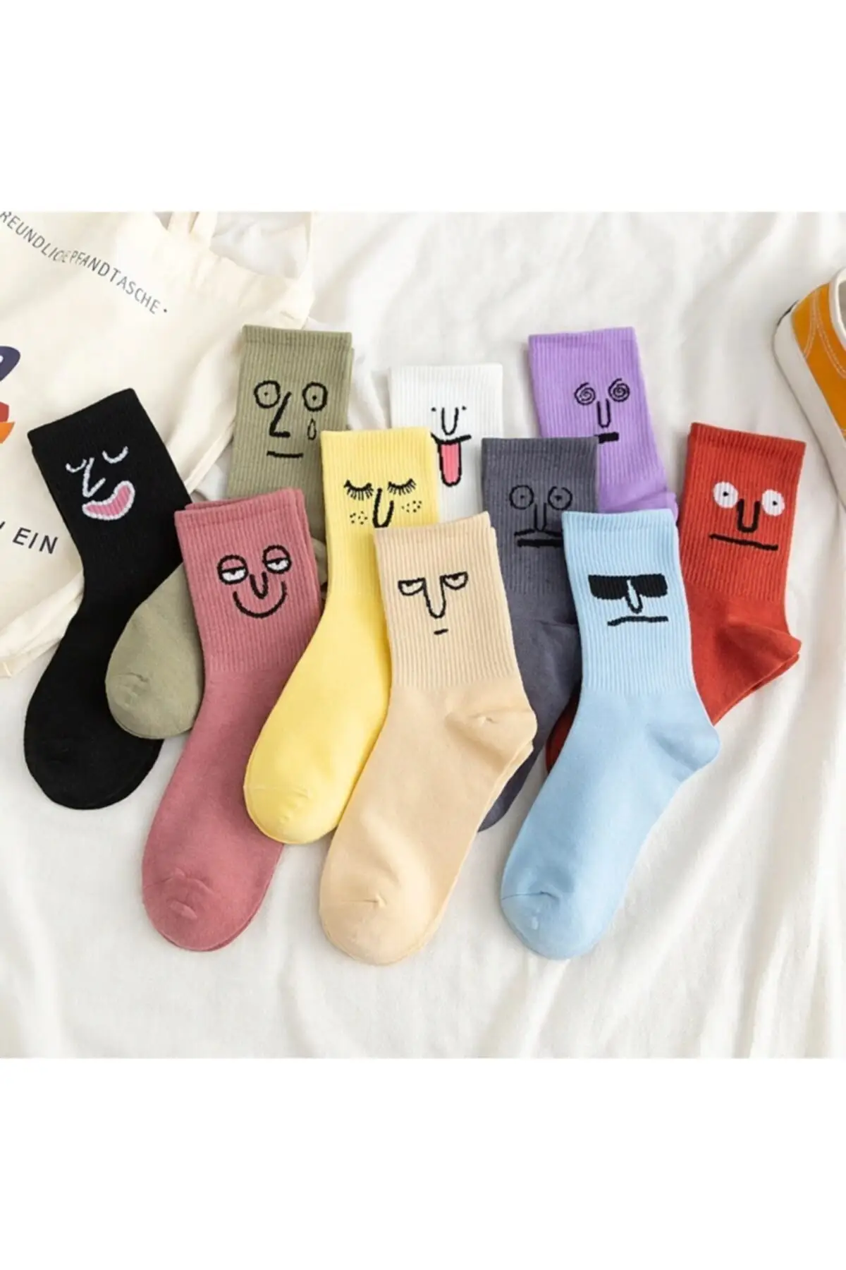 Unisex Colorful Face Patterned Tennis Socks 10'lu 71 of cotton-24-polyamide elastane 5 of Quality Elegant your design is 2021 Trend Style Fashion Colorful New Model Face Patterned Socks Useful And Quality 10 Pieces