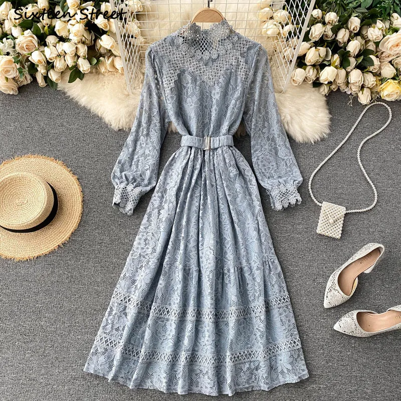 

Autumn Blue Lace Dress Woman O-neck Long-sleeve Hollow Out Elegant Vestido Woman Dresses Fall 2021 Pink Evening Clothing