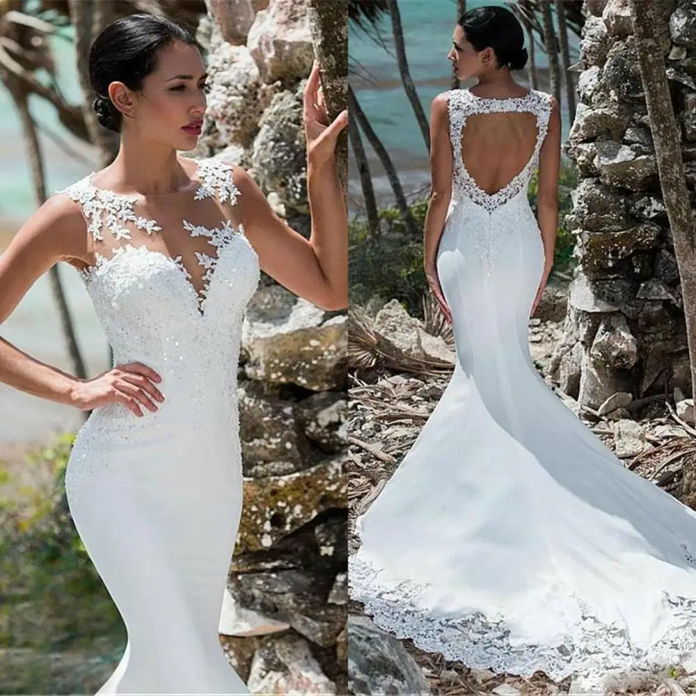 

2020 Bohemian Wedding Dresses Jewel Appliqued Lace Sequins Boho Bridal Dress Hollow Back Sweep Train Wedding Gowns