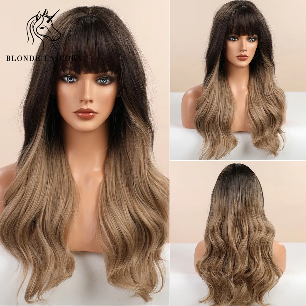Blonde Unicorn Long Wavy Wigs for Women African American Synthetic Hair Black Brown Wig with Bangs Heat Resistant False Hair