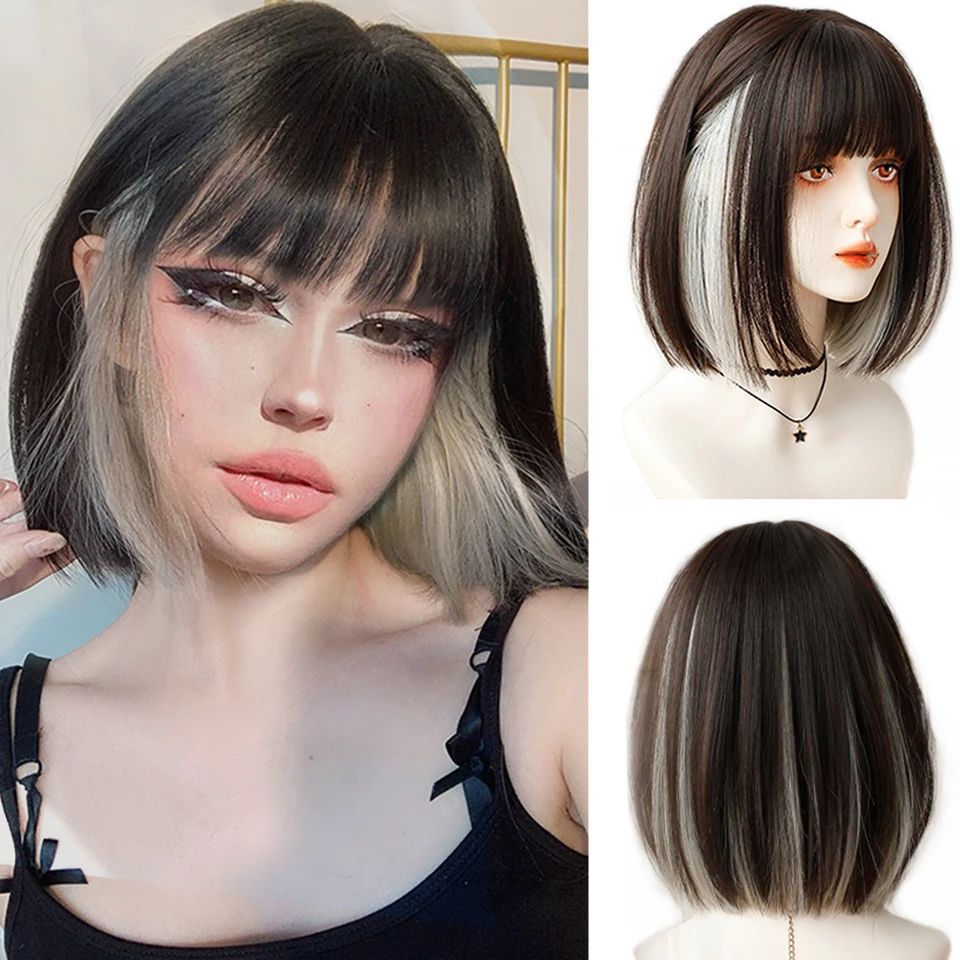 HOUYAN Short straight hair bob wig bangs brown dyed silver pink black heat-resistant synthetic wig party