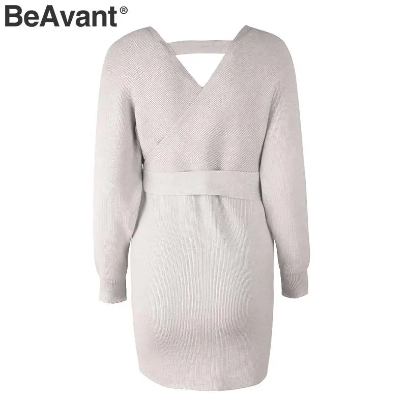 BeAvant, сексуальное женское платье-свитер с v-образным вырезом, платье с высокой талией и поясом, вязаное платье, элегантное женское осеннее зимнее винтажное короткое платье