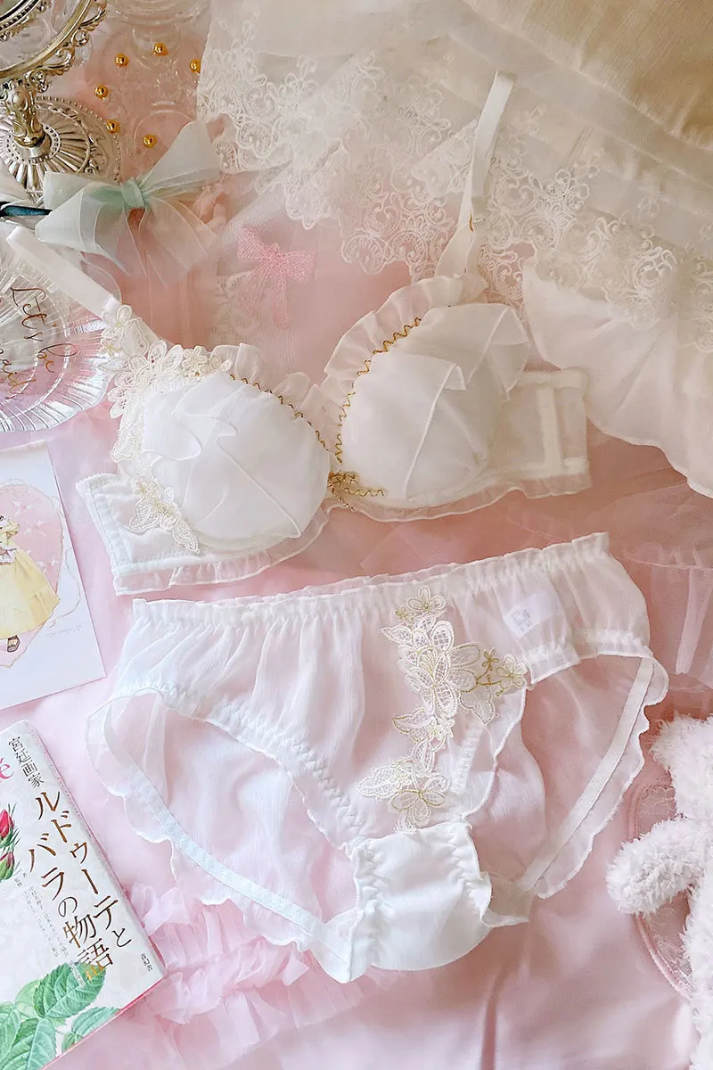 

Plus Size Sexy Lace Lingere My Melody Set Underwear Women Flower White Push Up Bra Panties Thong Briefs for Young Girl Lenceria