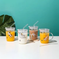 500ml kawaii cartoon transparent milk cup glass juice kids water bottle with straw leak proof cute cat coffee tea drinkware mug