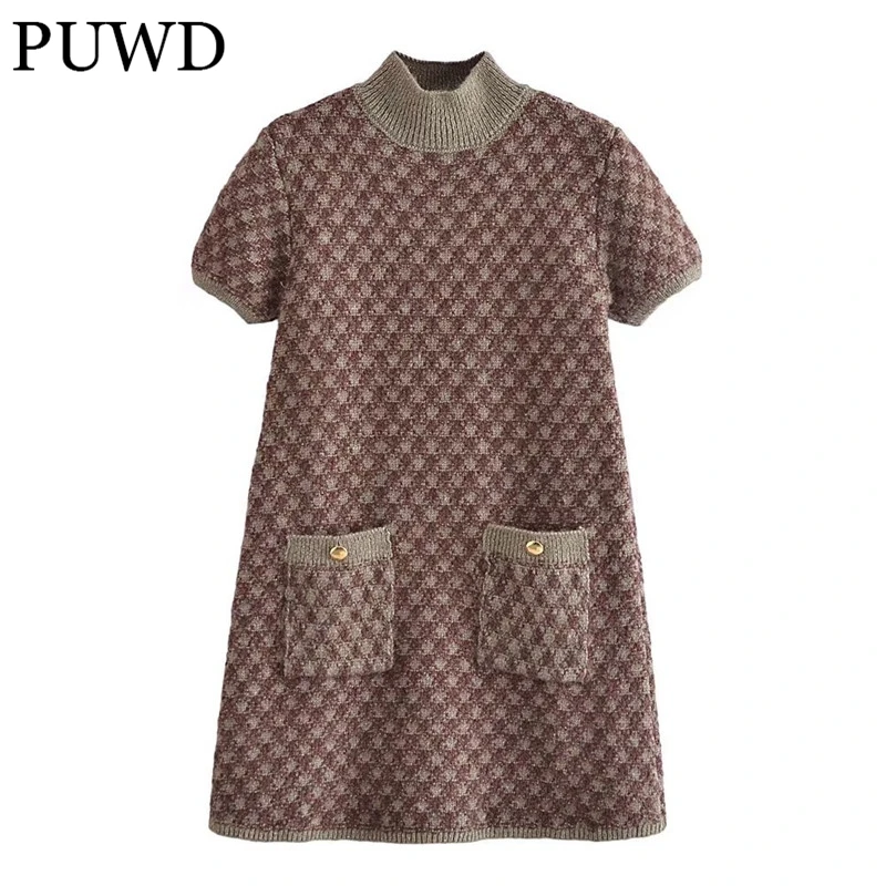 

PUWD Women Half Collar Golden Breasted Knitted Dress 2022 Spring Fashion Ladies Vintage Dress Female Tight-fitting Printed Dress