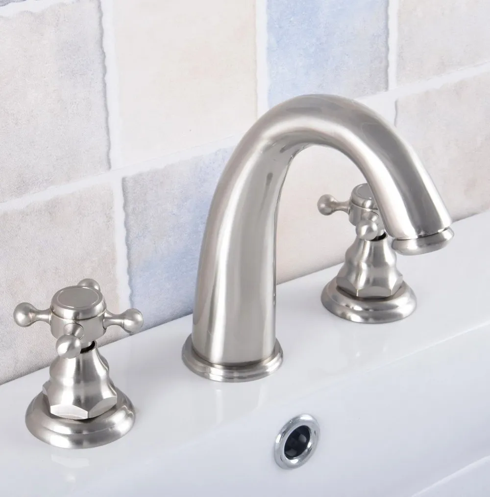 

Brushed Nickel Brass 3 Holes Deck Mounted Dual Cross Handles Bathroom Vessel Sink Basin Faucet Mixer Taps anf695