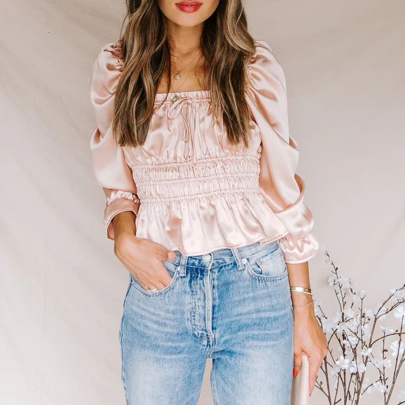 

New Women Autumn Clothes Solid-Color Square Collar Mandarin Sleeves Ruffle Shirt with Elastic Belt Waist for Girls Black/Pink