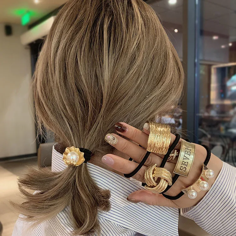

Fashion Women Gold Alloy Hair Ties For Girls Ponytail Holder Pearl Elastic Hair Ropes Bands Punk Gothic Letter Hair Accessories