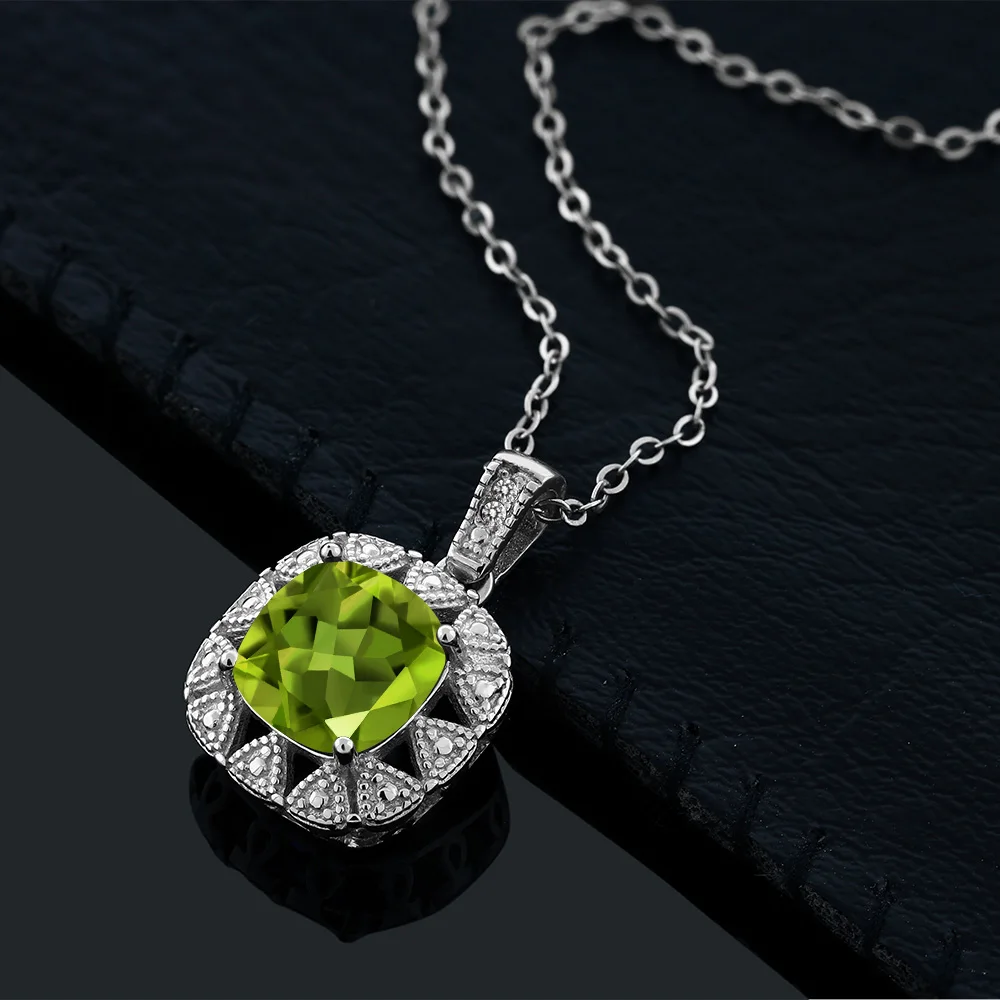 GemStoneKing 2,46 Ct подушка натуральный Зеленый Перидот белый бриллиант 925 пробы серебряный кулон ожерелье для женщин