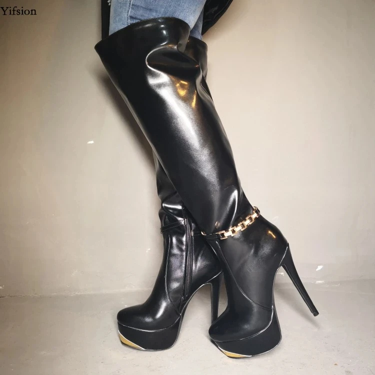 

Female Rihanna Platform Black Knee High Long Boots Sexy Stiletto High Heels Boots Round Toe Charm Shoes Women Plus US Size 5-15