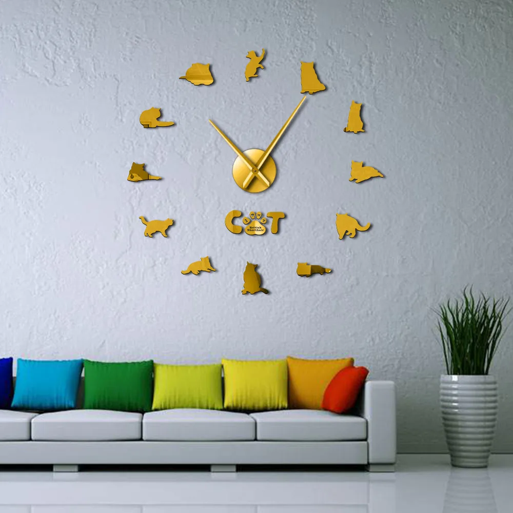 Британский короткошерстный стикер на стену с кошкой Декоративные DIY большие настенные часы серый Кот Бескаркасный Кот силуэт цифры Современные часы