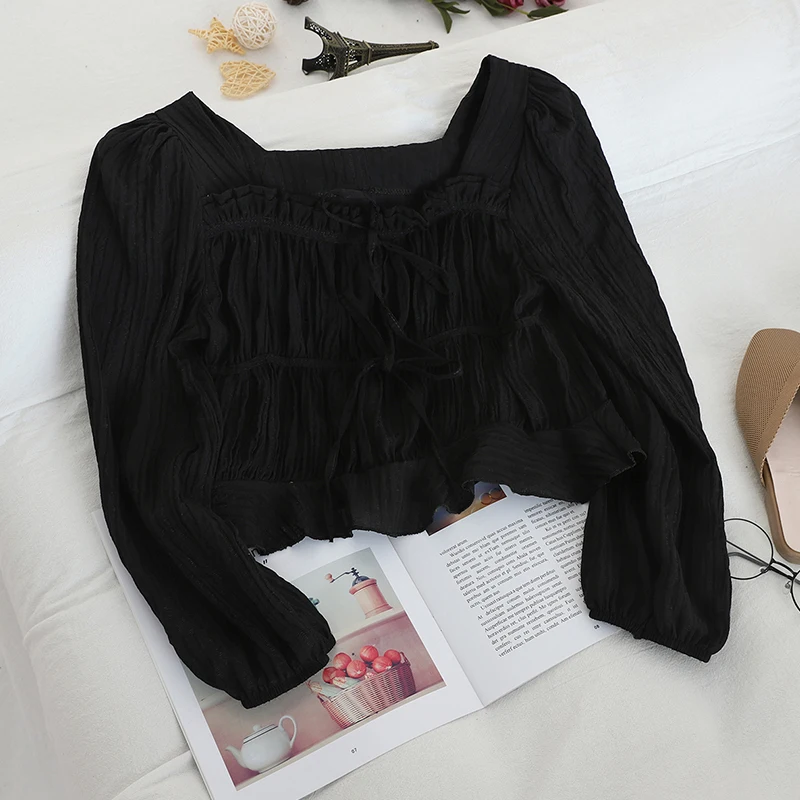 Женская рубашка с вырезом лодочкой и рукавами фонариками базовый винтажный