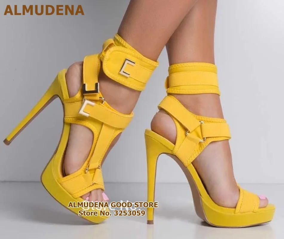 ALMUDENA/новейшая модель; Босоножки на платформе с ремешком и пряжкой; цвет желтый, розовый; гладиаторские туфли для вечеринки на платформе; модельные туфли-лодочки с вырезами и металлическими украшениями