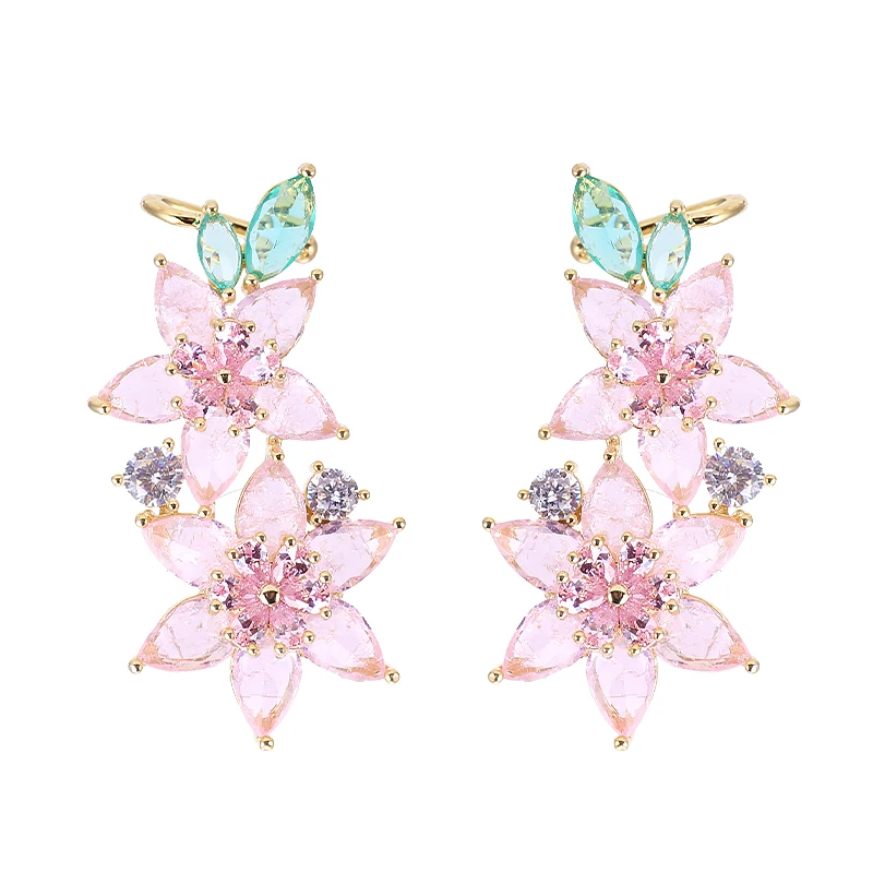 

Beautiful Ice Stone Flower Cuff Earrings Luxury Lady's Gold Plating Zircon Crystal Angel Ear Sweep Climber Earrings