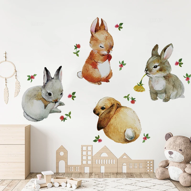 Стильные настенные Стикеры с ручным рисунком цветов кроликов животных детские