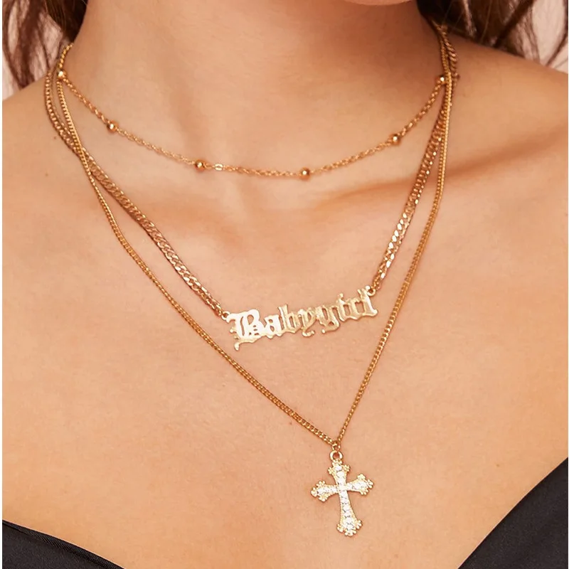 Cross English Alphabet Necklace Gold Necklace for Women Baby Girl Three Layersr Necklace Choker Lady Jewelry Wholesale Bulk