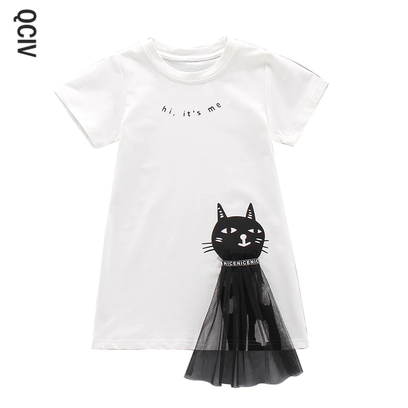 

New Cat Pattern Straight Girls Dresses 3-13 years old Cotton Casual Children's Clothing Summer Cartoon Baby Kids Clothes