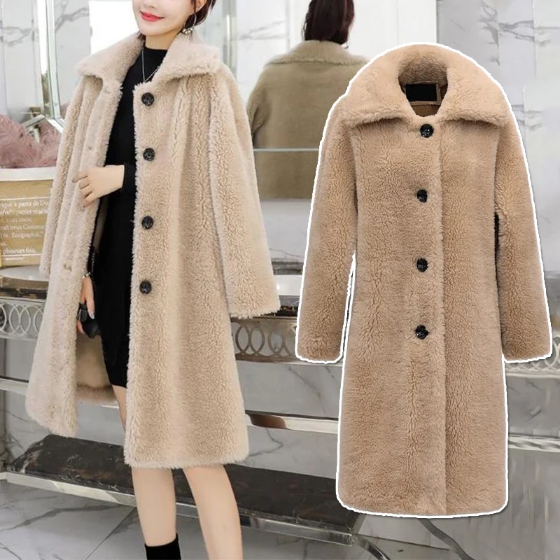 Женское пальто из овечьей шерсти средней длины зимние меховые куртки плотное