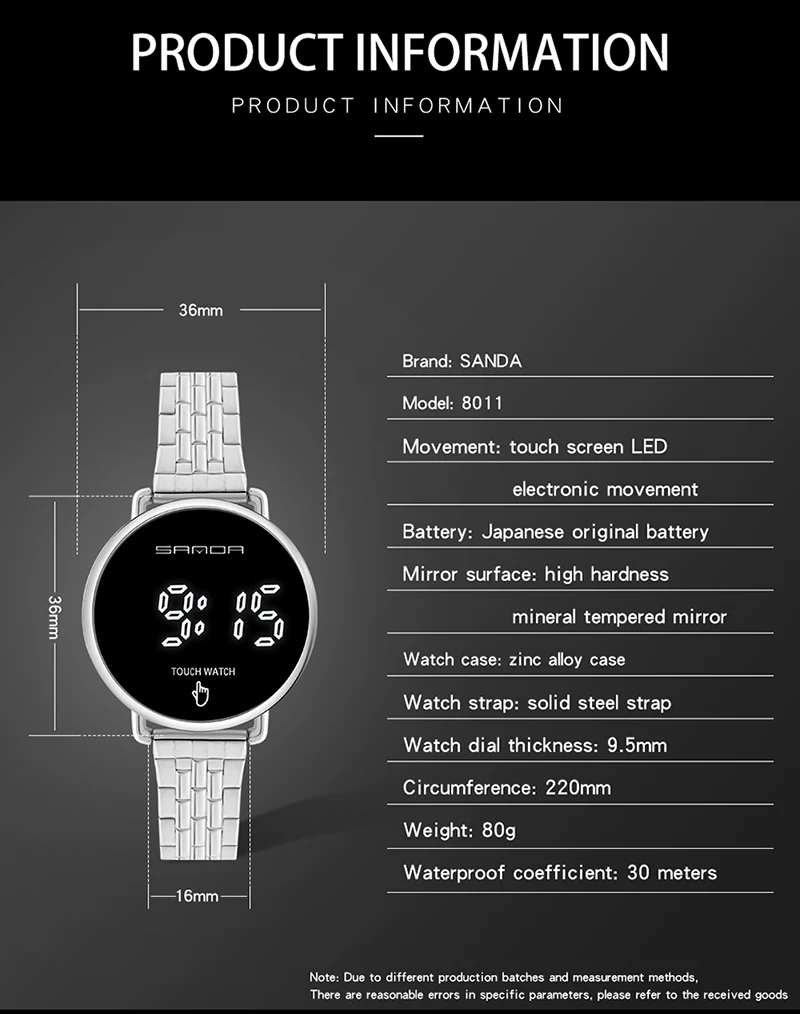 Кварцевые часы SANDA со светодиодным дисплеем цветные из нержавеющей стали модные