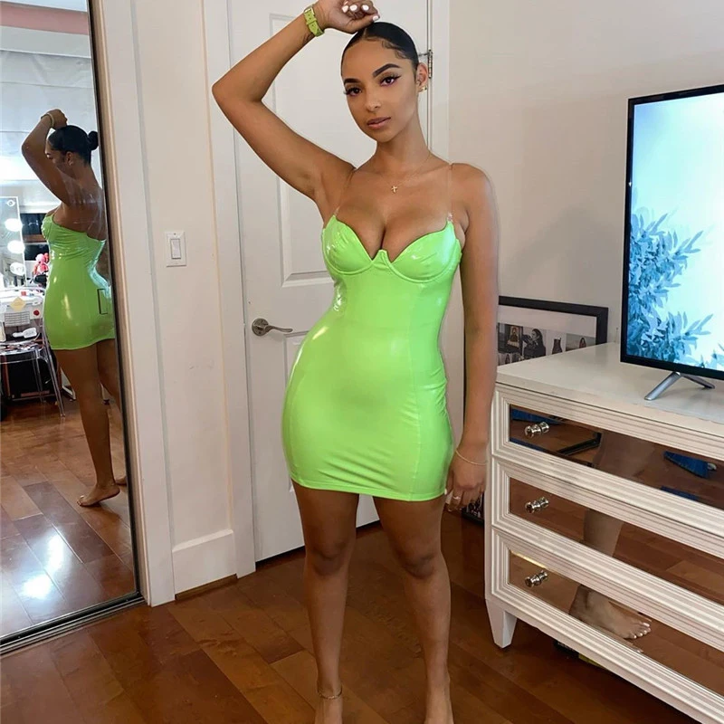 Colysmo PU Leather Party Dress Women Neon Pink Backless Club Sexy Transparent Straps Padded Low Cut Mini Dresses Vestidos | Женская