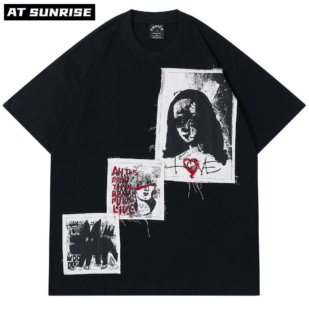 

Hip Hop Oversize T-Shirt Streetwear Harajuku Patch Abstract Pattern Printed T Shirt Men Spring Summer Short Sleeve Tshirt tops