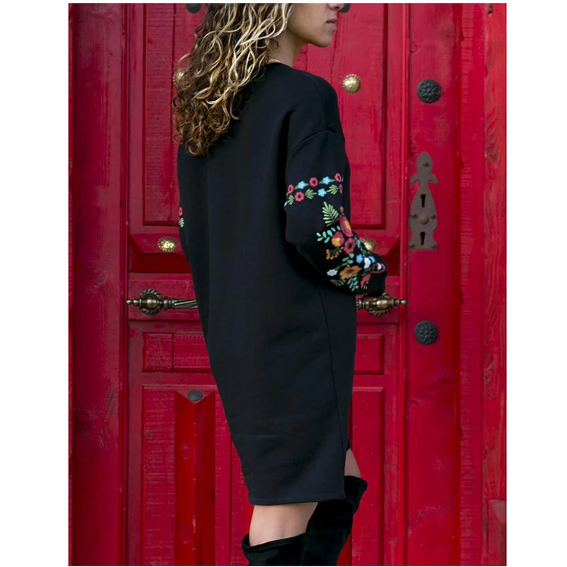 

Dress Women Floral Print Long Sleeve O-Neck Loose thin Warm sexy Dresses Elegant multicolor Black mujer Autumn vestido 2019
