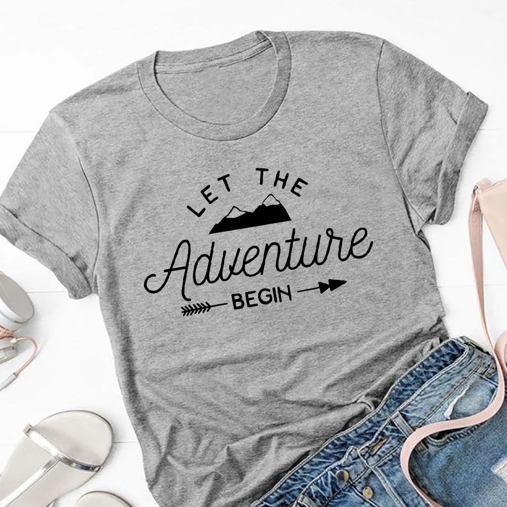 

Let The Adventure Begin T Shirt Women Outdoor Clothes Tumblr Cotton Graphic Tee Shirt Mountain Power Girls Tshirt Oversize 3XL