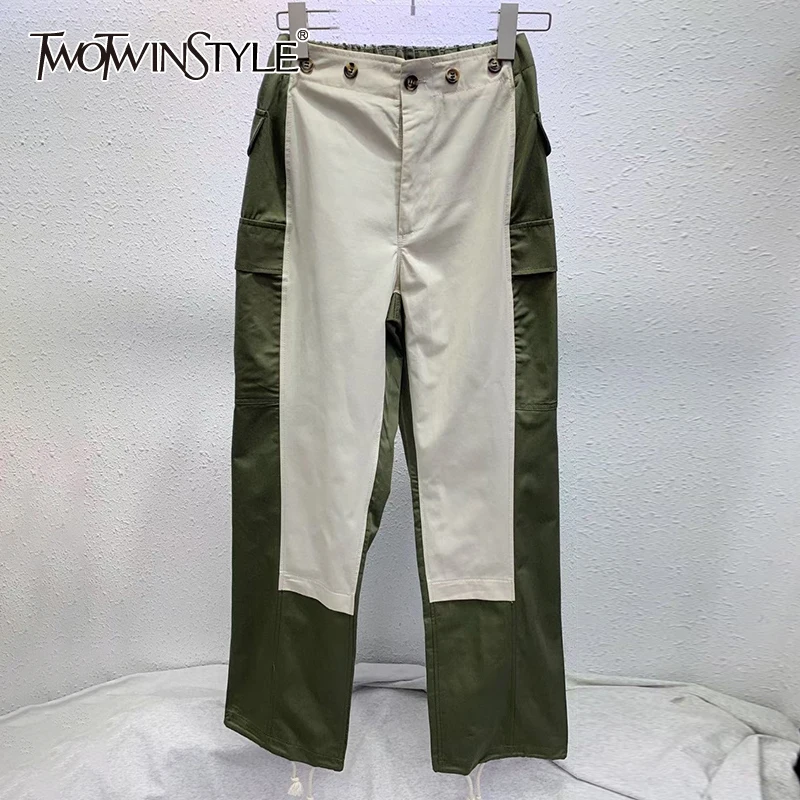 

TWOTWINSTYLE Hit Color Cargo Pants For Women High Waist Patchwork Button Casual Loose Trouser Female Fashion New Clothing 2021