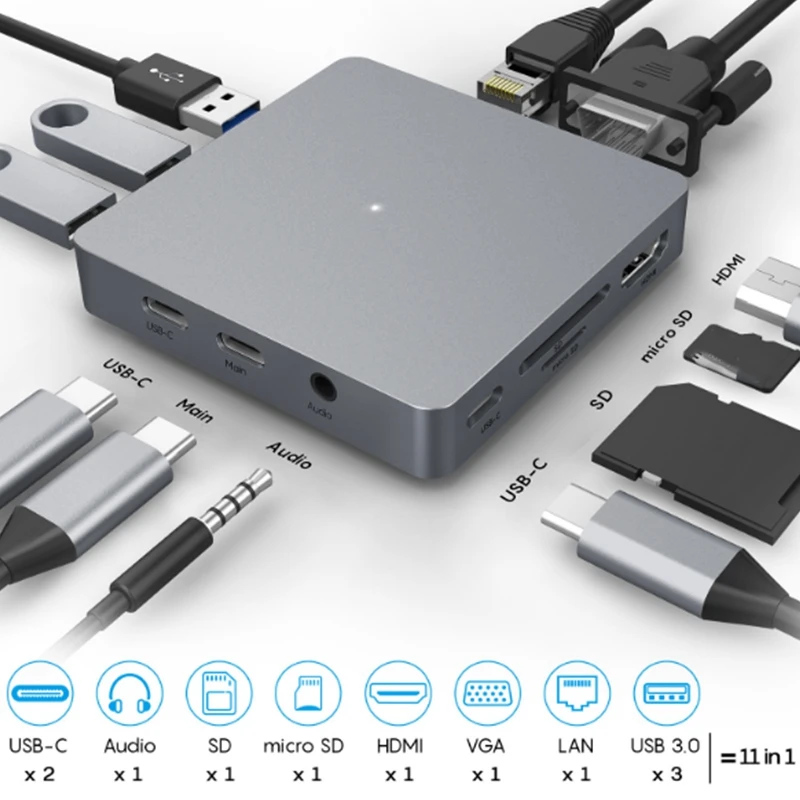 USB C концентратор 11-In-1Type адаптер HDMI VGA Aux RJ45 SD/TF 3 0 USB-C порты док-станция сплиттер для