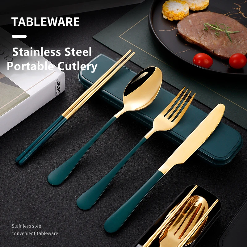 

Stainless Steel Dinnerware Portable Cutlery Set Camping Travel Cutlery Chopsticks Knife Fork Spoon Sets With Case For Student