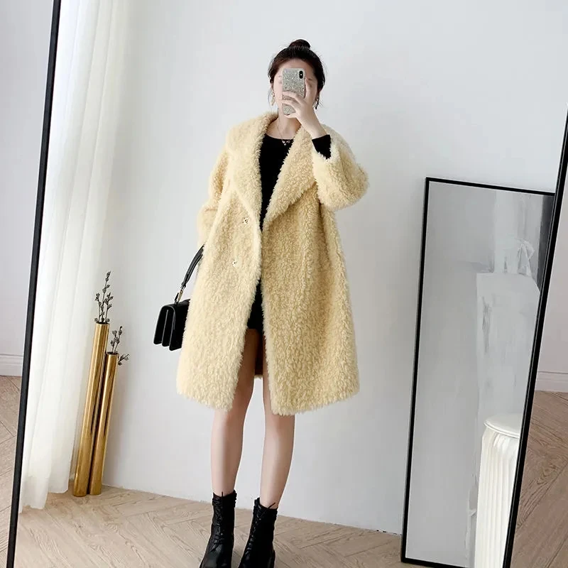 High Quality Faux Fur Winter Jacket White Thickened Sheep Shearing fur Coat Women's Granular Velvet Lamb Hair Parka Pink