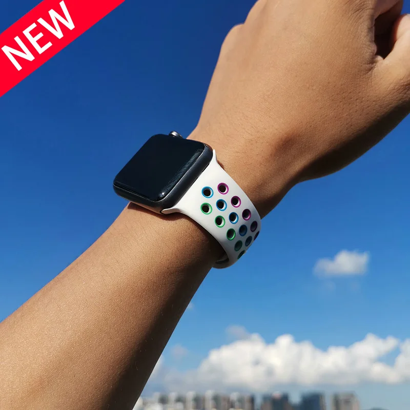 Ремешок силиконовый для Apple Watch band 44 мм 40 38 42 Воздухопроницаемый спортивный