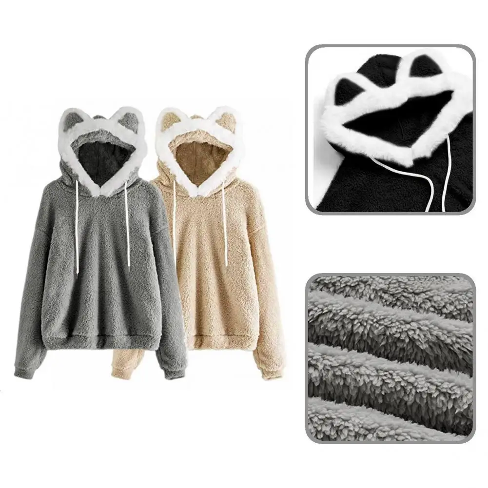 

Женская толстовка с усадочным подолом, приятный на ощупь утолщенный пуловер с кошачьими ушками и украшением, толстовка, уличная одежда