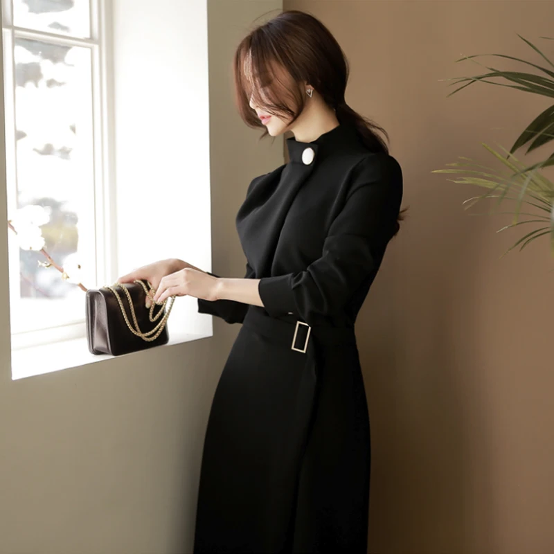 Элегантный воротник стойка сексуальные рабочие платья женские форменные пояса