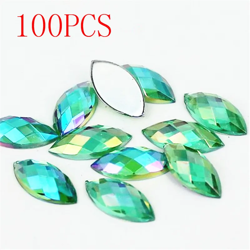 

Hot Sale 100Pieces Flat Back Marquise Earth Facets Crystal green AB Acrylic Horse eye Shape Rhinestone nail Decorate Nail art