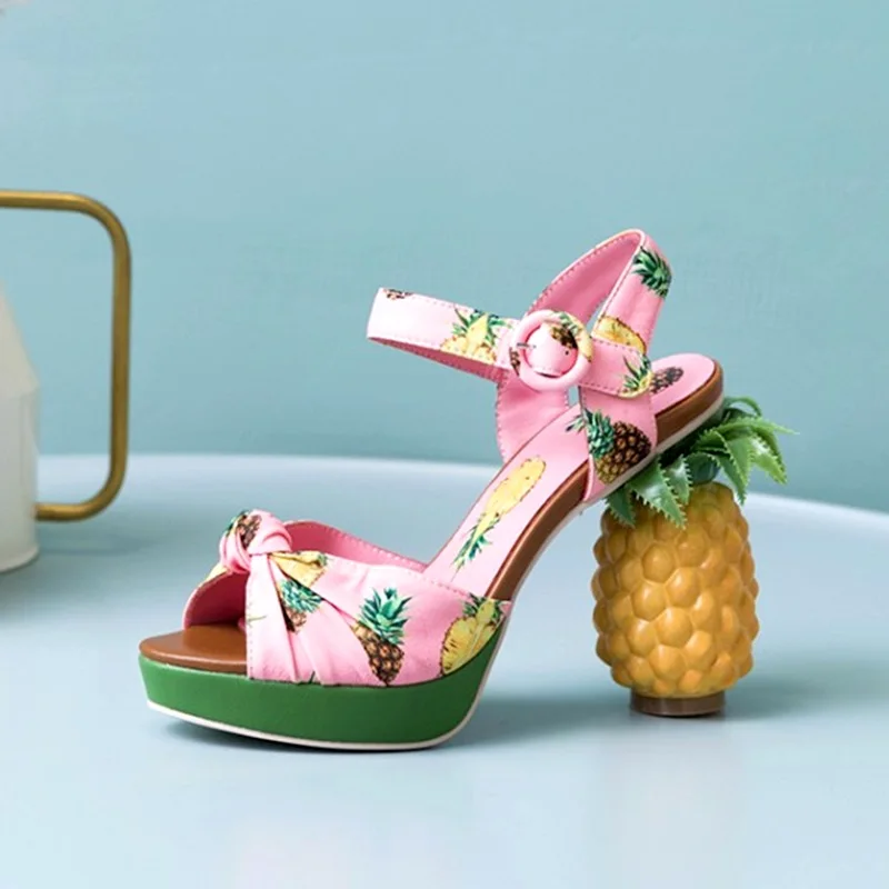 

Модная новинка, милые туфли-лодочки с ананасовым каблуком, пикантные кожаные сандалии с открытым носком, женская обувь стандартной длины, Р...