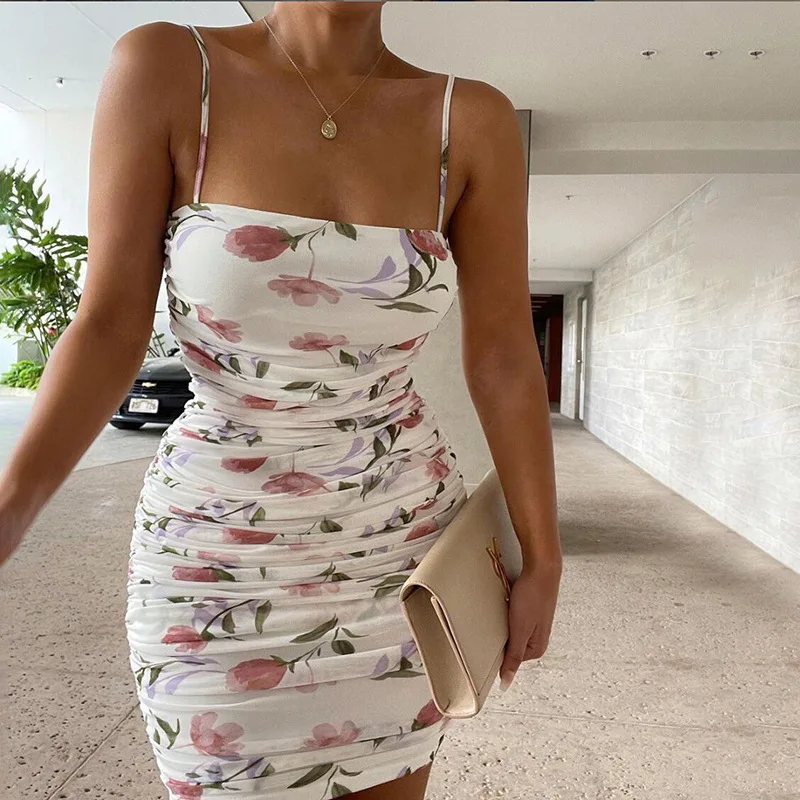 

Белый Цветочный принт мини Bodycon Y2k женское летнее Повседневное платье 2021 сексуальное платье без рукавов с рюшами, открытые платья без рукаво...