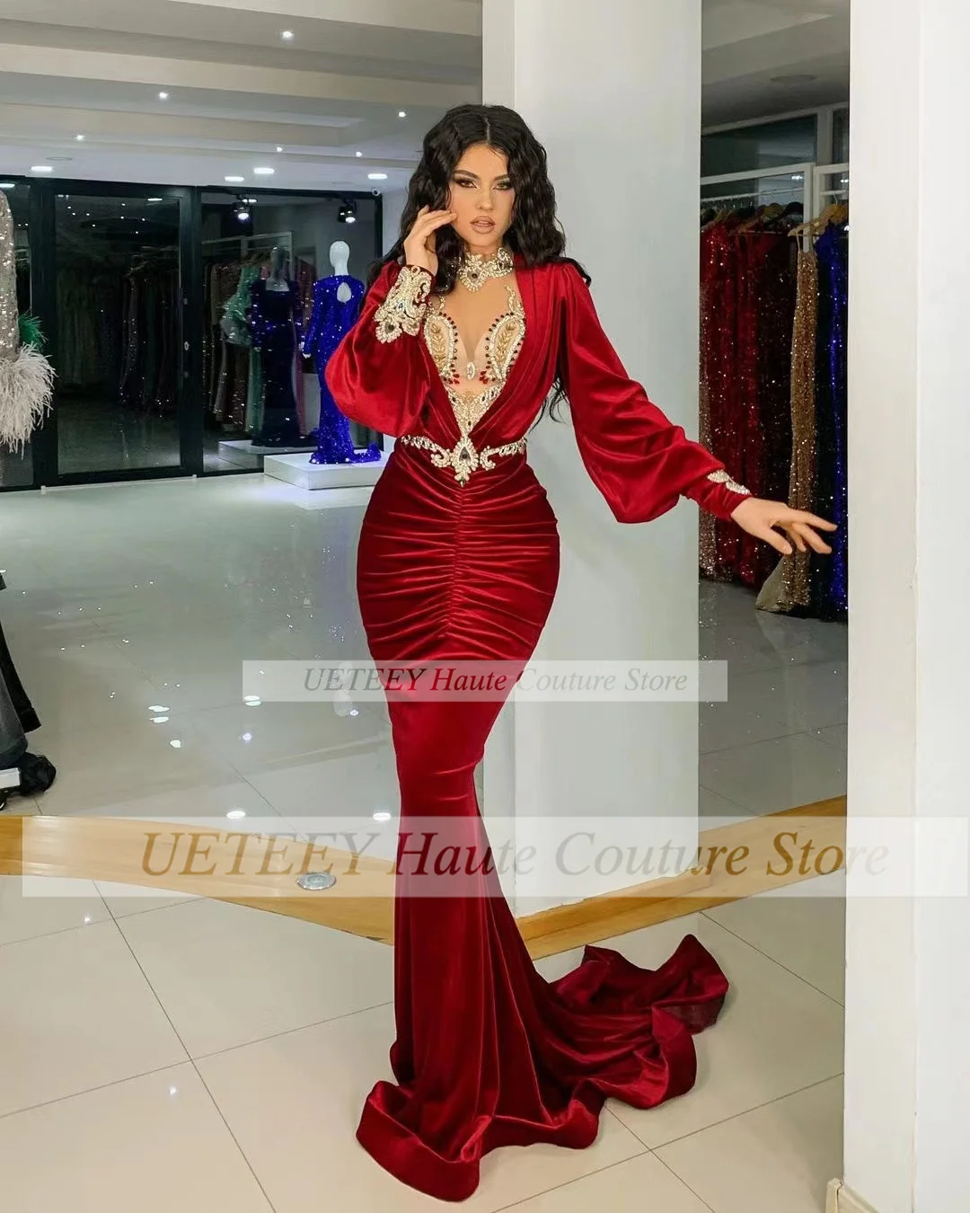 

Mermaid Elengant Prom Dress For Women High Neck Long Sleeve Beading Sequined Pleat Tail Celebrity Party Gowns