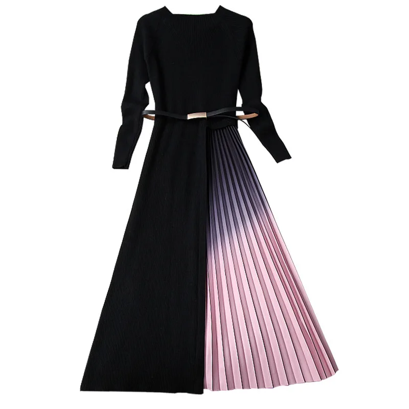

Women autumn winter knitted sweater dress black belt patchwork pleated midi elegant long sleeve dresses