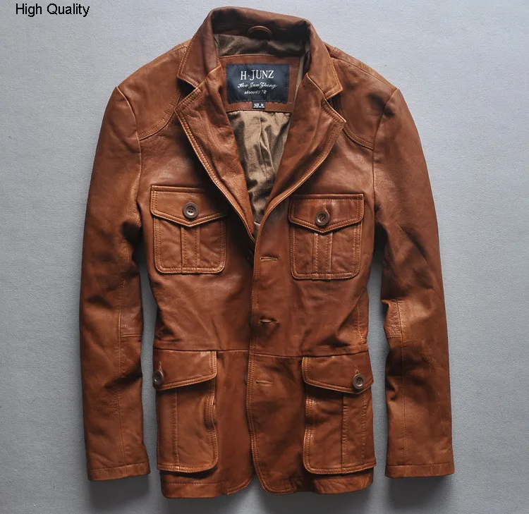 Мужская кожаная куртка с четырьмя карманами приталенная коричневая в винтажном