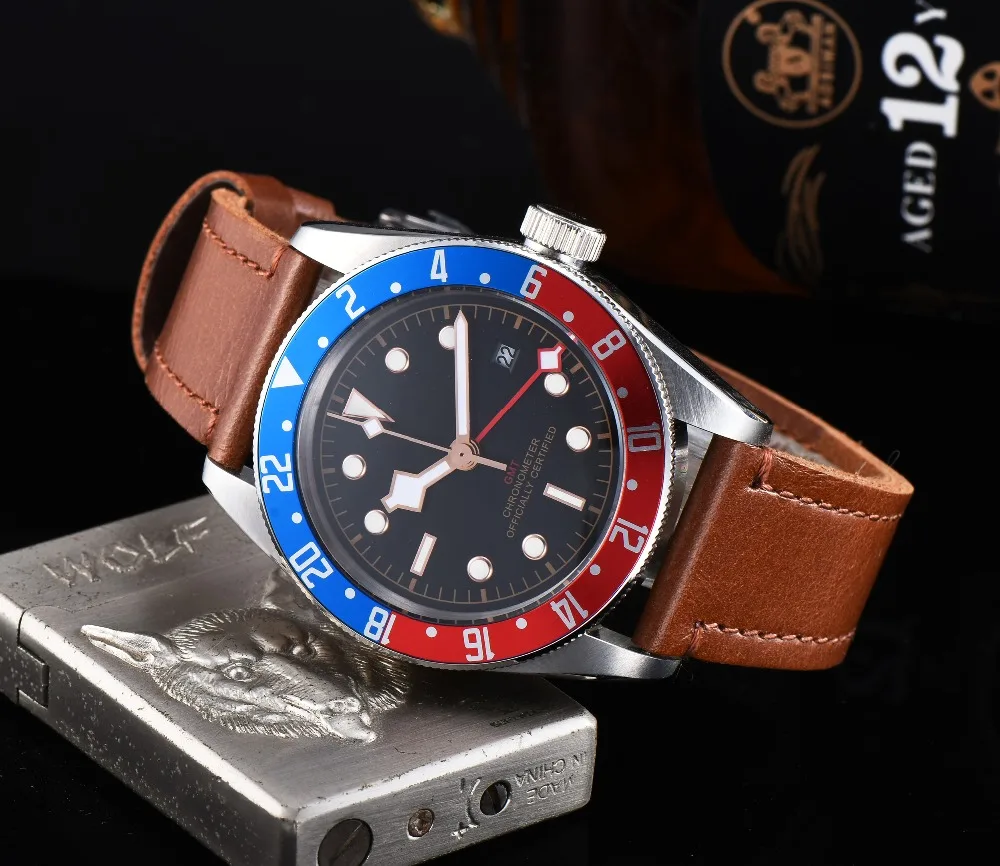 Corgeut 41 мм GMT часы черный циферблат Bay черный и красный ободок кожа механические мужские часы с автоматическим подзаводом