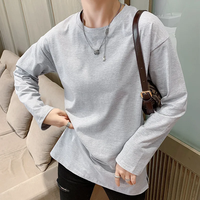 

Pure cotton white mid-length T-shirt women fall and winter round neck loose casual all-match long-sleeved shirt split T-shirt