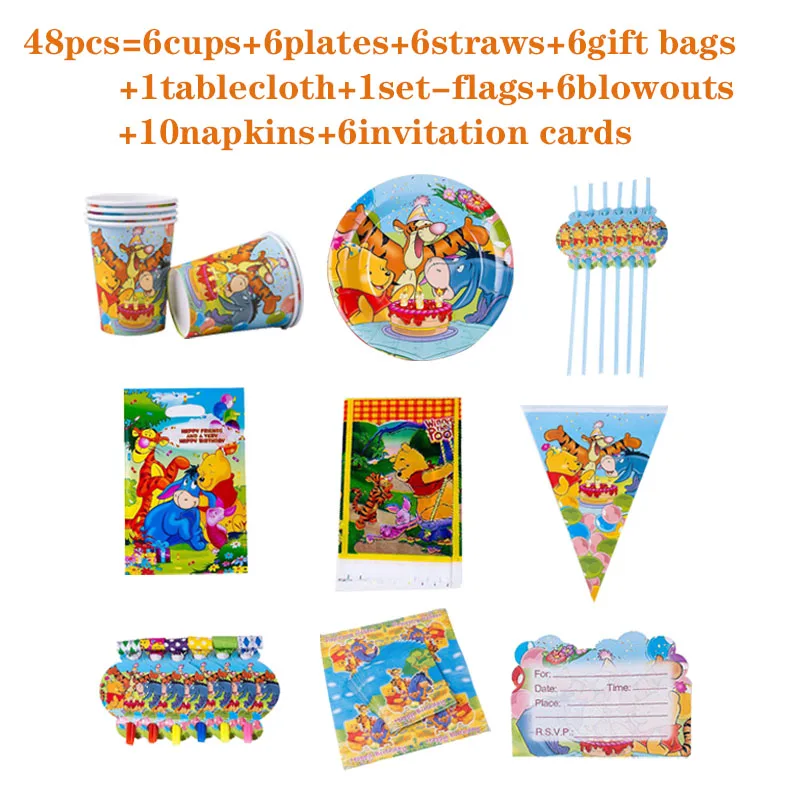 

Cartoon Disney Winnie the Pooh Disposable Tableware Set Plate Napkin Cup Straw Birthday Party Decoration Kids Favor Toys Supply