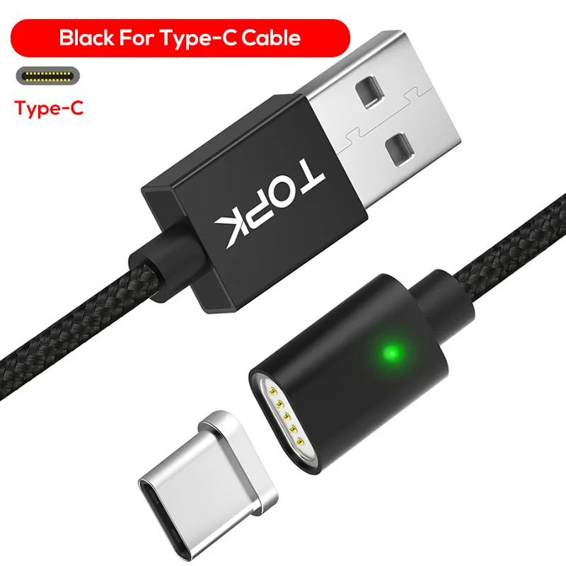 Black Cable TOPK F-Line Магнитный кабель usb type C 5 в 2.4A нейлоновый Плетеный Светодиодный индикатор USB C магнитное зарядное устройство, кабель для телефонов usb type-C - Цвет: Black Cable