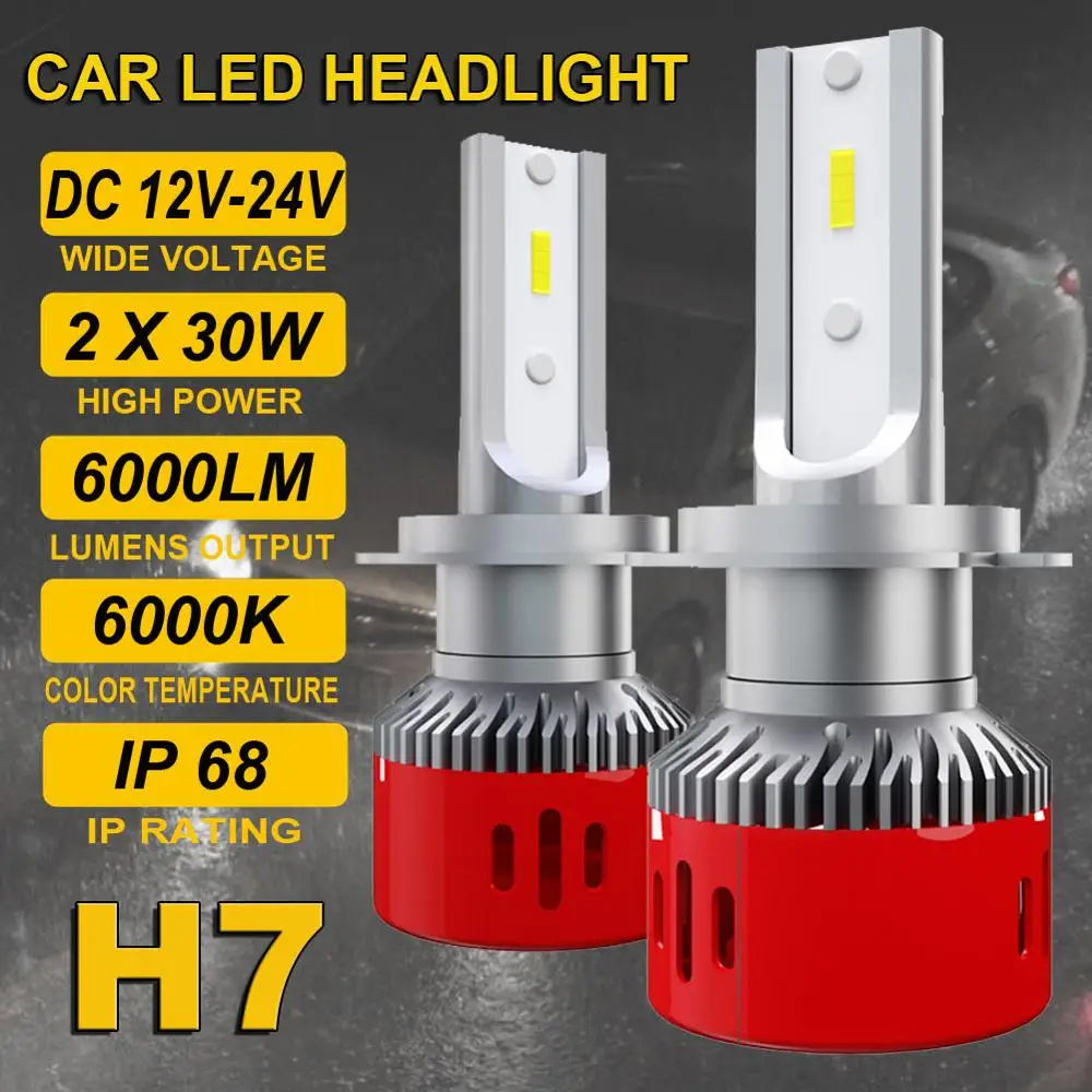 

2 Pcs LED H7 CSP Chip Car Headlight Bulbs 60W 12V 24V 6000K 6000Lm Lamp Auto Bulb Light for Car Repair and Modified