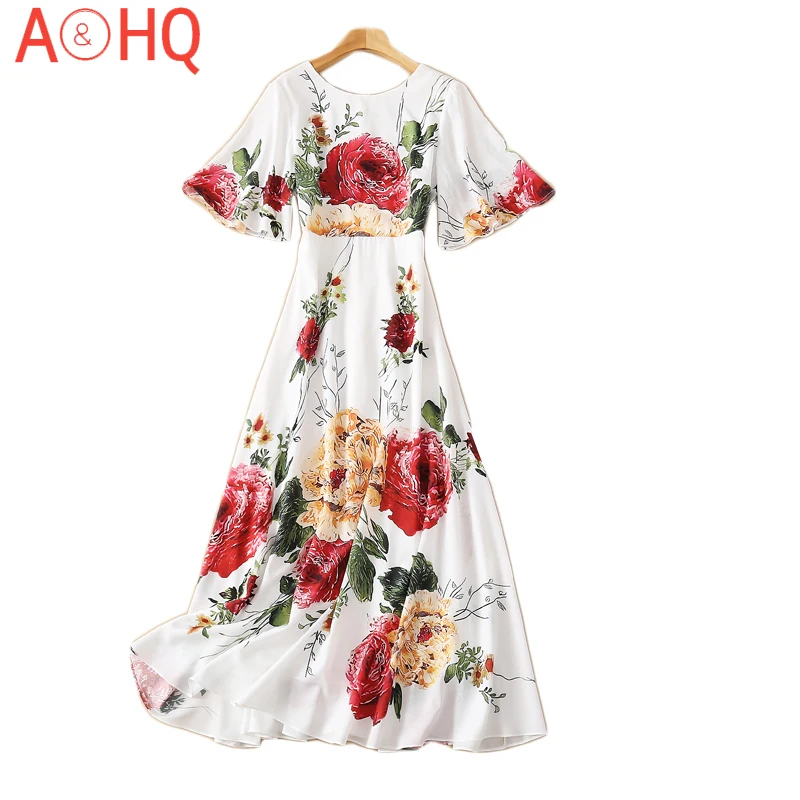 

Long Dress Designer New Fashion 2021 Summer Party Women'S Vintage Elegant Short Sleeve Flower Print Party Casual Holiday Dresses