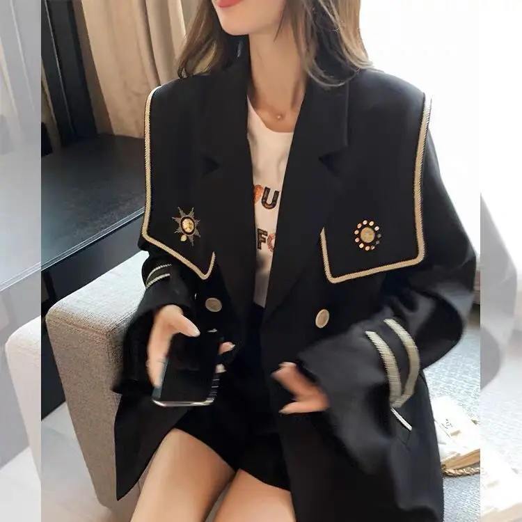 

Women Blazers Heavy Industry Embroidery Navy Collar Small Suit Women 2020 Autumn New Loose College Style Jacket Coat