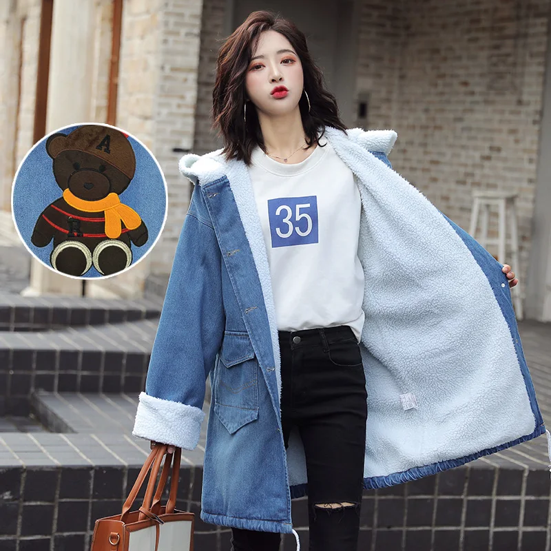Зимнее джинсовое пальто для женщин толстая теплая подкладка из шерсти хлопковая