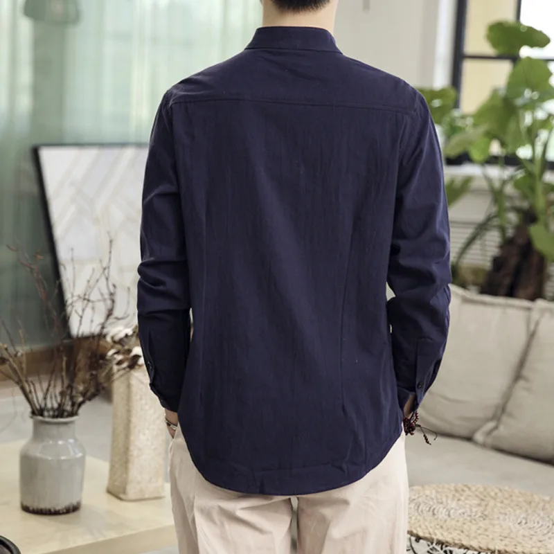 #4708 Весна 2021 рубашка из хлопка и льна для мужчин с воротником Мандарин